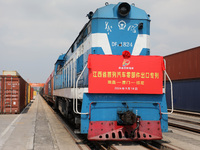 A special export container train loaded with auto parts leaves Nanchang International Dry Port in Nanchang, China, on September 18, 2024. (