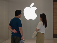 Customers are seen at an Apple Store near Nanjing Road Pedestrian Street in Shanghai, China, on September 18, 2024. (