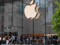 Customers are seen at an Apple Store near Nanjing Road Pedestrian Street in Shanghai, China, on September 18, 2024. (