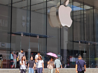 Customers are seen at an Apple Store near Nanjing Road Pedestrian Street in Shanghai, China, on September 18, 2024. (