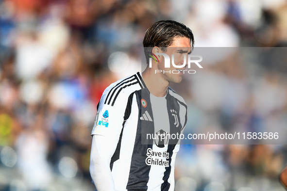 Dusan Vlahovic of Juventus shows disappointment during the Serie A match between Empoli and Juventus at Stadio Carlo Castellani in Empoli, I...