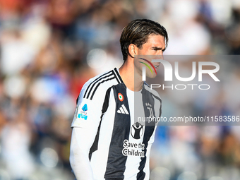 Dusan Vlahovic of Juventus shows disappointment during the Serie A match between Empoli and Juventus at Stadio Carlo Castellani in Empoli, I...