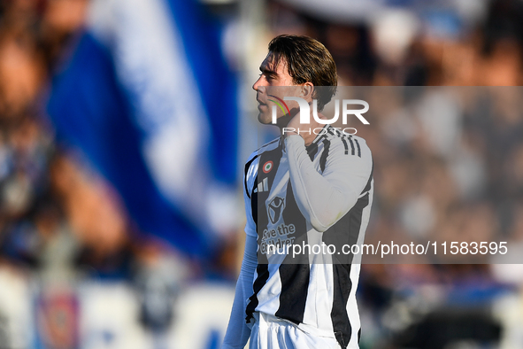 Dusan Vlahovic of Juventus shows disappointment during the Serie A match between Empoli and Juventus at Stadio Carlo Castellani in Empoli, I...