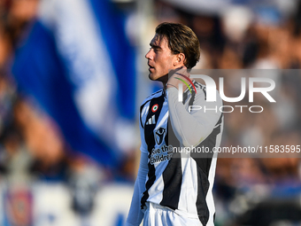 Dusan Vlahovic of Juventus shows disappointment during the Serie A match between Empoli and Juventus at Stadio Carlo Castellani in Empoli, I...