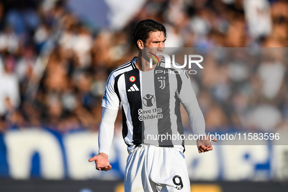 Dusan Vlahovic of Juventus shows disappointment during the Serie A match between Empoli and Juventus at Stadio Carlo Castellani in Empoli, I...