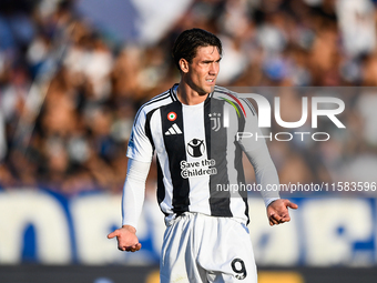 Dusan Vlahovic of Juventus shows disappointment during the Serie A match between Empoli and Juventus at Stadio Carlo Castellani in Empoli, I...