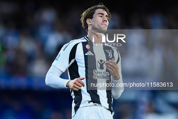 Dusan Vlahovic of Juventus shows disappointment during the Serie A match between Empoli and Juventus at Stadio Carlo Castellani in Empoli, I...