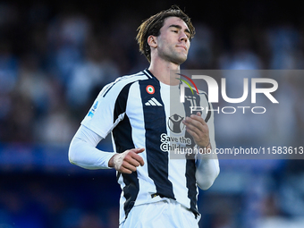 Dusan Vlahovic of Juventus shows disappointment during the Serie A match between Empoli and Juventus at Stadio Carlo Castellani in Empoli, I...