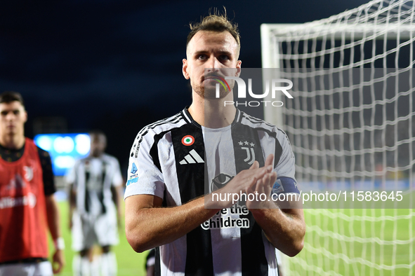 Federico Gatti of Juventus salutes supporters after the Serie A match between Empoli and Juventus at Stadio Carlo Castellani in Empoli, Ital...