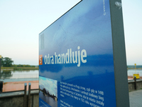 A sign reading 'Odra trades' in Polish is seen in Frankfurt (Oder) on 17 September, 2024. After warnings of increasing water levels on sever...