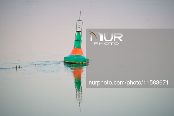 A buoy is seen floating in the Oder river in Frankfurt (Oder) on 17 September, 2024. After warnings of increasing water levels on several ri...