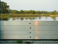 A newly installed flood barrier is seen alond the Oder river with the Polish border seen on the far side in Frankfurt (Oder) on 17 Septembe,...