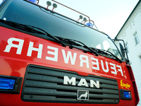 A fire truck is seen in Frankfurt (Oder) on 17 Septembe, 2024. After warnings of increasing water levels on several rivers three German stat...