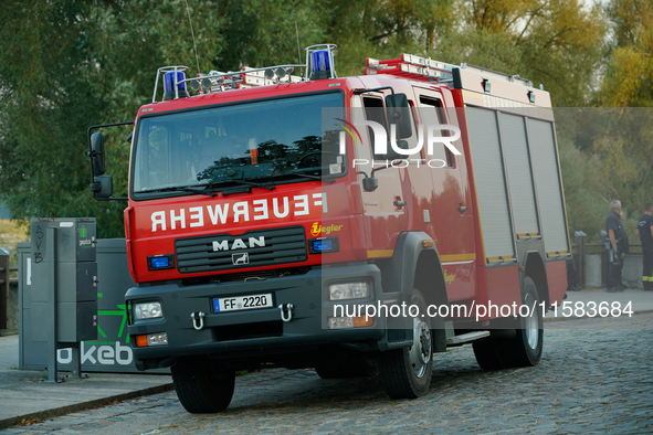 A fire truck is seen in Frankfurt (Oder) on 17 Septembe, 2024. After warnings of increasing water levels on several rivers three German stat...