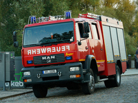 A fire truck is seen in Frankfurt (Oder) on 17 Septembe, 2024. After warnings of increasing water levels on several rivers three German stat...