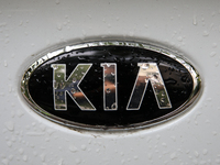 The Kia logo in the rain appears on the street in Krakow, Poland, on August 21, 2024. (