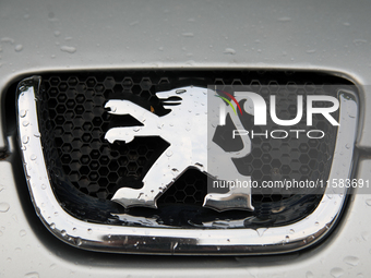 The Peugeot logo in the rain appears on the street in Krakow, Poland, on August 21, 2024. (