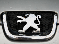 The Peugeot logo in the rain appears on the street in Krakow, Poland, on August 21, 2024. (