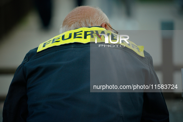 A member of the fire brigade is seen in Frankfurt (Oder) on 17 September, 2024. After warnings of increasing water levels on several rivers...