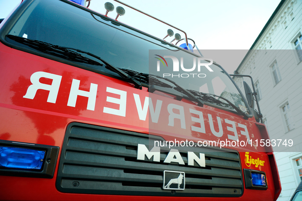 A fire truck is seen in Frankfurt (Oder) on 17 Septembe, 2024. After warnings of increasing water levels on several rivers three German stat...