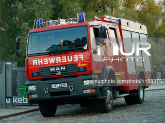 A fire truck is seen in Frankfurt (Oder) on 17 Septembe, 2024. After warnings of increasing water levels on several rivers three German stat...