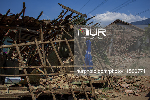 The ruins of a house after a 5.0 magnitude earthquake strike in Kertasari, West Java, on September 18, 2024. At least 700 houses are damaged...