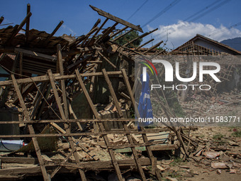 The ruins of a house after a 5.0 magnitude earthquake strike in Kertasari, West Java, on September 18, 2024. At least 700 houses are damaged...