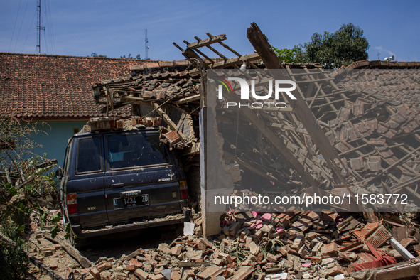 The ruins of a house after a 5.0 magnitude earthquake strike in Kertasari, West Java, on September 18, 2024. At least 700 houses are damaged...