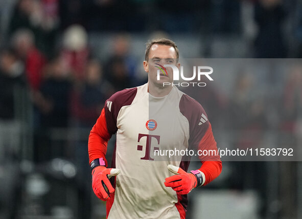 Manuel Neuer of Bayern Munich  looks on  during the Champions League Round 1 match between Bayern Munich v Dinamo Zagreb, at the Allianz Are...