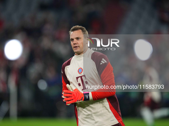 Manuel Neuer of Bayern Munich  looks on  during the Champions League Round 1 match between Bayern Munich v Dinamo Zagreb, at the Allianz Are...