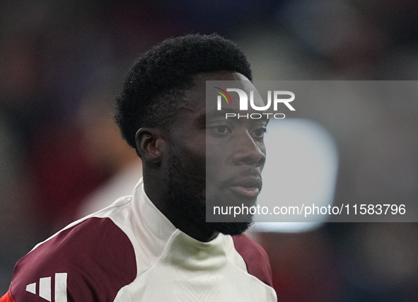 Alphonso Davies of Bayern Munich  looks on  during the Champions League Round 1 match between Bayern Munich v Dinamo Zagreb, at the Allianz...