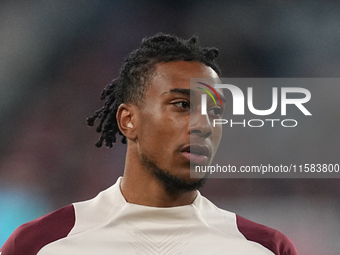 Michael Olise of Bayern Munich  looks on  during the Champions League Round 1 match between Bayern Munich v Dinamo Zagreb, at the Allianz Ar...