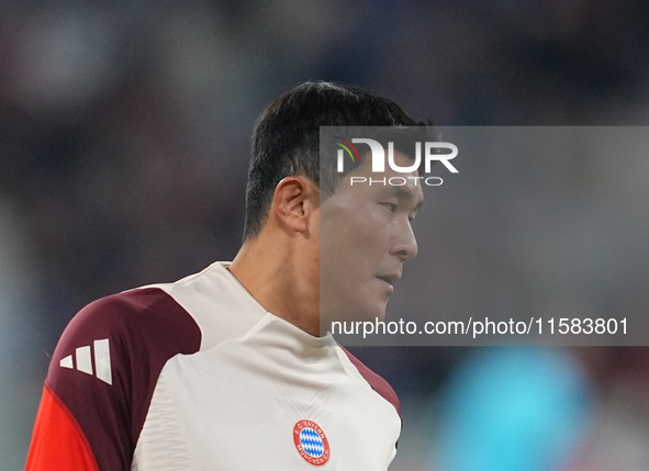 Minjae Kim of Bayern Munich  looks on  during the Champions League Round 1 match between Bayern Munich v Dinamo Zagreb, at the Allianz Arena...