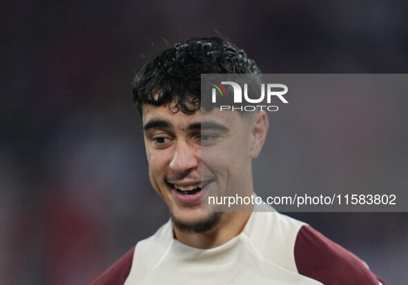 Aleksandar Pavlovic of Bayern Munich  looks on  during the Champions League Round 1 match between Bayern Munich v Dinamo Zagreb, at the Alli...