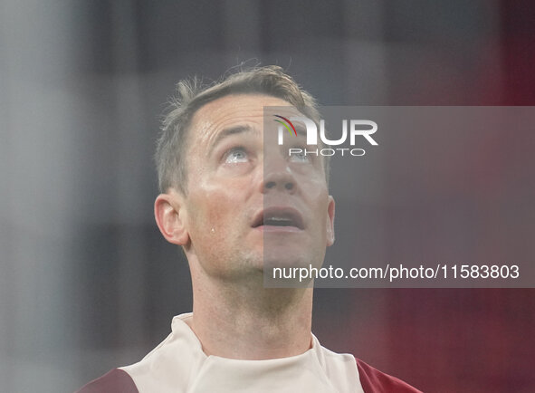 Manuel Neuer of Bayern Munich  looks on  during the Champions League Round 1 match between Bayern Munich v Dinamo Zagreb, at the Allianz Are...