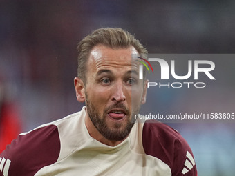 Harry Kane of Bayern Munich  looks on  during the Champions League Round 1 match between Bayern Munich v Dinamo Zagreb, at the Allianz Arena...