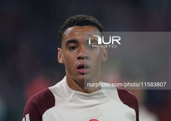 Jamal Musiala of Bayern Munich  looks on  during the Champions League Round 1 match between Bayern Munich v Dinamo Zagreb, at the Allianz Ar...