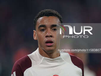 Jamal Musiala of Bayern Munich  looks on  during the Champions League Round 1 match between Bayern Munich v Dinamo Zagreb, at the Allianz Ar...