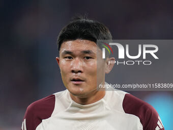 Minjae Kim of Bayern Munich  looks on  during the Champions League Round 1 match between Bayern Munich v Dinamo Zagreb, at the Allianz Arena...