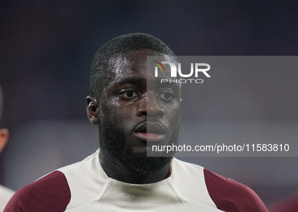 Dayot Upamecano of Bayern Munich  looks on  during the Champions League Round 1 match between Bayern Munich v Dinamo Zagreb, at the Allianz...