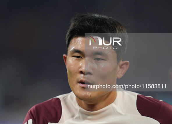 Minjae Kim of Bayern Munich  looks on  during the Champions League Round 1 match between Bayern Munich v Dinamo Zagreb, at the Allianz Arena...