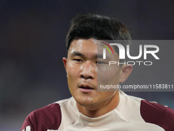 Minjae Kim of Bayern Munich  looks on  during the Champions League Round 1 match between Bayern Munich v Dinamo Zagreb, at the Allianz Arena...