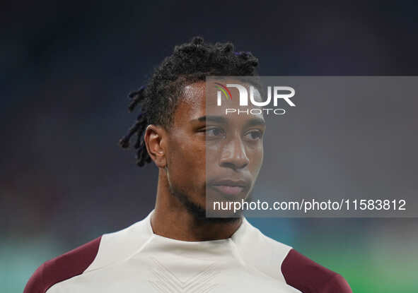 Michael Olise of Bayern Munich  looks on  during the Champions League Round 1 match between Bayern Munich v Dinamo Zagreb, at the Allianz Ar...