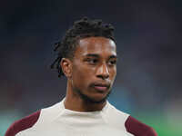 Michael Olise of Bayern Munich  looks on  during the Champions League Round 1 match between Bayern Munich v Dinamo Zagreb, at the Allianz Ar...