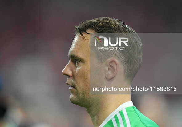 Manuel Neuer of Bayern Munich  looks on  during the Champions League Round 1 match between Bayern Munich v Dinamo Zagreb, at the Allianz Are...