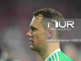 Manuel Neuer of Bayern Munich  looks on  during the Champions League Round 1 match between Bayern Munich v Dinamo Zagreb, at the Allianz Are...