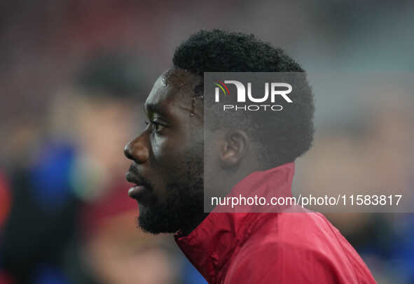 Alphonso Davies of Bayern Munich  looks on  during the Champions League Round 1 match between Bayern Munich v Dinamo Zagreb, at the Allianz...