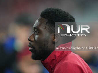 Alphonso Davies of Bayern Munich  looks on  during the Champions League Round 1 match between Bayern Munich v Dinamo Zagreb, at the Allianz...