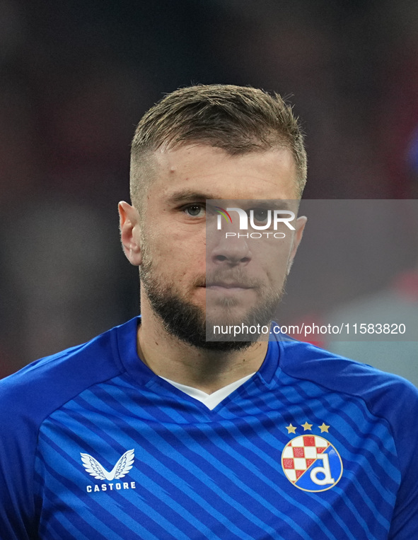 Stefan Ristovski of GNK Dinamo  looks on  during the Champions League Round 1 match between Bayern Munich v Dinamo Zagreb, at the Allianz Ar...