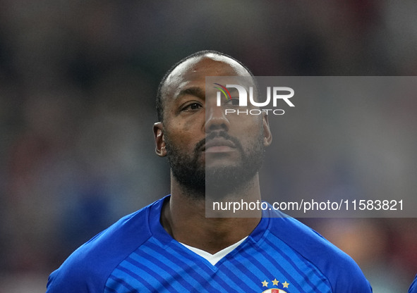 Kévin Théophile-Catherine of GNK Dinamo  looks on  during the Champions League Round 1 match between Bayern Munich v Dinamo Zagreb, at the A...